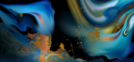Poster - abstract blue and yellow watercolor pattern on black background. vector realistic illustration of sp