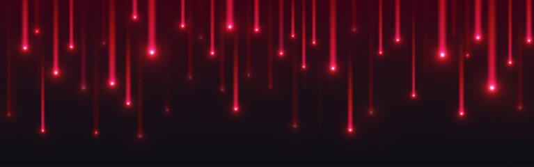 Poster - Abstract red meteor rain on black background. Vector realistic illustration of neon light lines glowing, sparkles falling down, luminous rays motion, high tech presentation backdrop, data speed