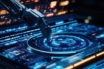 Poster - Robotic arm demonstrates precision manipulation on holographic interface in futuristic lab setting, Robotic arm turntable on Holographic screen virtual hud elements, Futuristic User Interface