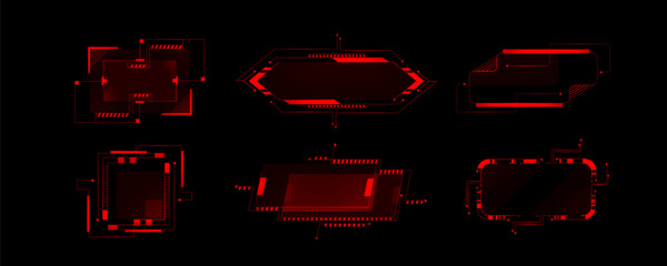 Leinwandbilder - Cyberpunk hud frames in red neon glow, futuristic style for tech interfaces. Geometric vector shapes and lines in border elements for sci fi game ui design. Digital abstract frames with modern vibe.