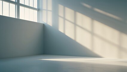 Poster - bright morning light casting shadows in a minimalist room with large windows during daytime