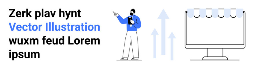 Poster - male speaker presenting data in a professional setting with clipboard, charts, arrows symbolizing gr