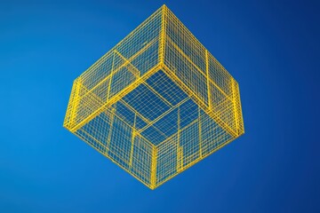 Poster - Yellow wireframe cubes suspended against a vibrant blue background creating a dynamic visual contrast, yellow wireframe cubes on a blue background