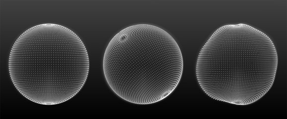 Poster - Sphere particle dot wireframe compositions - radial circular mesh graphics, illuminated globe designs, futuristic geometric compositions for digital technology backgrounds, dynamic 3d elements.
