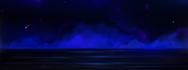 Wall Mural - midnight sky backdrop with dreamy smoke and hazy fog drifting over calm water, fantasy night scenery