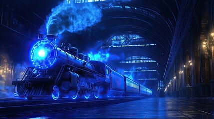 Poster - Glowing blue steam engine standing at a train station platform