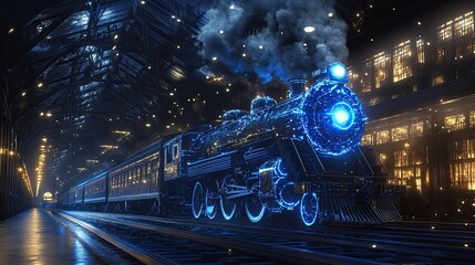 Poster - A futuristic train glowing brightly inside a dark station tunnel