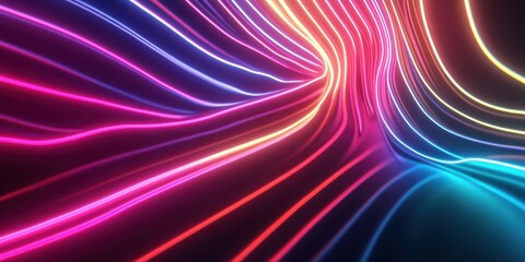 Poster - Neon Waves: An abstract, vibrant display of neon lights flowing dynamically, creating a sense of movement and energy. The vivid color palette evokes a futuristic, high-tech ambiance.