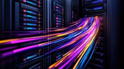 Poster - High-tech server server with vibrant colorful lines representing data flow in a modern data center