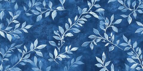 Poster - floral blue: intricate patterns of delicate leaves in shades of blue on a textured backdrop, evoking
