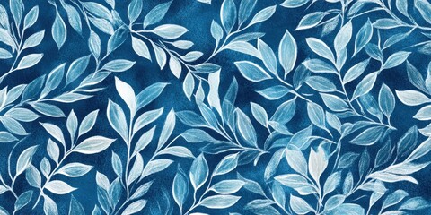 Poster - Floral Serenity: An artistic depiction of delicate leaves and graceful branches in shades of blue and white, creating a seamless, captivating design.