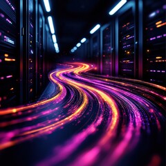 Poster - Vibrant long tunnel enhanced with neon lights creating a futuristic and eye-catching atmosphere