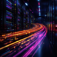 Poster - Innovative server room featuring a spectrum of colorful lights enhancing the high-tech environment