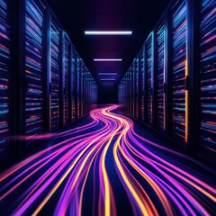 Poster - Vibrant server room with colorful led lights creating a futuristic and high-tech atmosphere