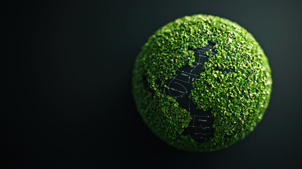 Poster - photorealistic image of green planet concept with lush foliage covering globe, symbolizing environmental sustainability and nature conservation. dark background enhances vibrant greenery