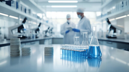 Poster - modern biotechnology lab features scientists in protective gear, with test tubes and beakers filled with blue liquid on table, alongside stacks of currency, highlighting research funding