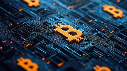 Poster - digital representation of cryptocurrency symbols, prominently featuring glowing orange symbol on complex circuit board background, illustrating concept of digital currency