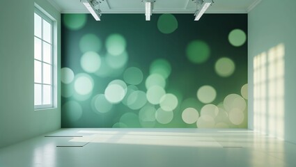 Poster - modern empty room with green bokeh wall design and abundant natural light during daytime
