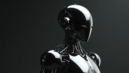 Poster - Futuristic robot isolated on black background. Shiny metal surface, reflective, glossy. Modern tech concept, robotics, artificial intelligence. Minimalist design, clean appearance. Sleek polished