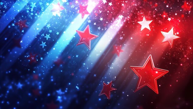 3D illustration of red, white, and blue glowing stars on an American flag background with streaks of light.
