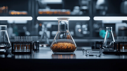 Poster - laboratory setting with focus on glass flask containing glowing substance, surrounded by test tubes and scientific equipment, creating futuristic and innovative atmosphere