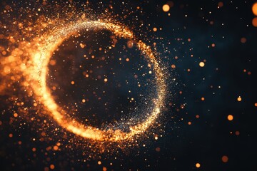 Poster - Particles flowing outward from a luminous circular shape in a dark environment, Particles flow out from a circular shape
