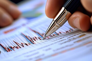 Poster - business team conducts financial analysis through detailed chart examination and discussion in the o
