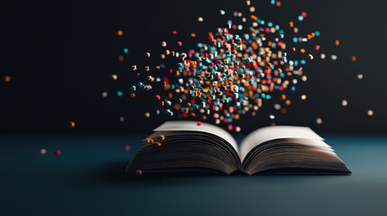 Aufkleber - open book with colorful particles emerging from its pages symbolizes creativity and imagination. dark background highlights vibrant colors, creating sense of wonder and inspiration