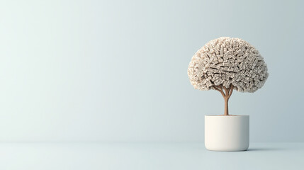 Poster - brain shaped tree with intricate branches grows from white pot, symbolizing creativity and knowledge. minimalist background enhances focus on unique design