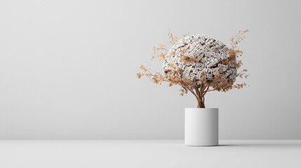 Poster - tree with branches forming brain shape, adorned with letters, grows from white pot against minimalist background, symbolizing creativity and knowledge