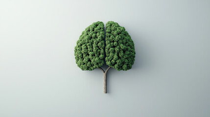 Poster - tree shaped like brain symbolizes connection between nature and intelligence, highlighting environmental awareness and creativity. green foliage contrasts with simple background