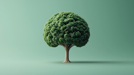 Poster - tree with lush, rounded canopy stands against solid green background, resembling brain in its intricate texture. image evokes sense of calm and connection to nature