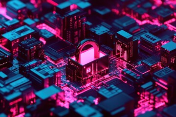 Poster - Digital padlock icon securing data on a network of circuit boards and processors, padlock icon and digital data processing over computer servers