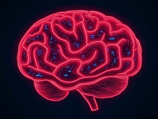 Aufkleber - Abstract neon red brain circuitry visualizing neural connections digital art futuristic dark environment close-up view