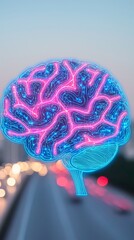 Aufkleber - Futuristic digital brain illustration urban setting visual art nighttime aesthetic concept for modern technology