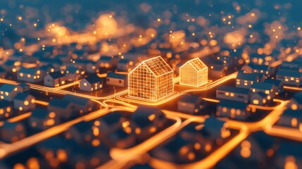 Aufkleber - Smart city illuminated network of modern architecture in urban landscape digital art perspective futuristic environment