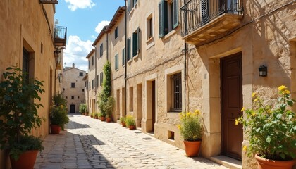  Picturesque narrow alleyway in Matera Italy. Ancient stone buildings with traditional architecture. Cobblestone street and potted plants. European travel destination.