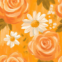 Wall Mural - Soft orange roses and white daisies on vibrant yellow background create cheerful pattern