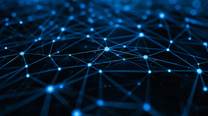 Poster - Data Network: A dynamic illustration showcasing a network of interconnected nodes, representing the intricate web of data and information transfer, set against a gradient of dark blue tones.