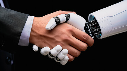 Aufkleber - Handshake of Tomorrow: Human and Artificial Intelligence in a powerful, futuristic business handshake that represents a partnership in progress.