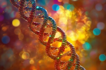 Fototapete - Vibrant dna strand illustrated against a colorful background representing data processing and analysis, dna strand over data processing on colourful background