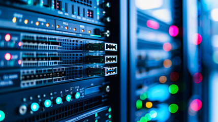 Poster - Server Room: Illuminated server racks showcasing technology, information and data. Capturing the essence of digital infrastructure.