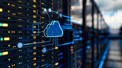 Poster - Cloud Computing Infrastructure: A cutting-edge data center server rack, adorned with a digital cloud icon and intricate circuitry, illuminates the concept of the cloud computing and cyber technology.