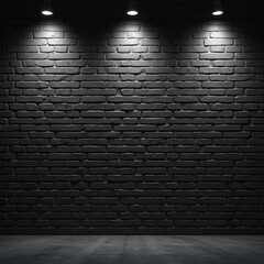 Poster - Dramatic black brick wall illuminated with spotlights. Concrete floor. Rugged textured surface backdrop for product shots, presentations, modern minimalist design. Urban stylish background for