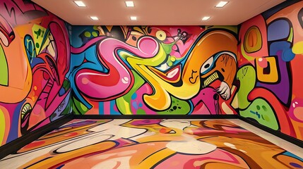 Poster - a vibrant graffiti art design covering walls and floor of the space