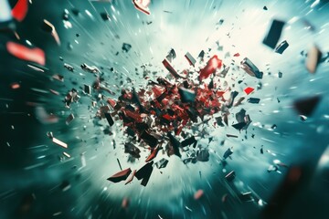 Poster - Floating objects collide in a vibrant explosion of color and motion, Abstract floating objects colliding with each other CGI Trendy backgrounds