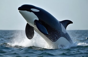 orca whale breaching ocean water, splash. black, white killer whale marine life. day sunlight, blue 