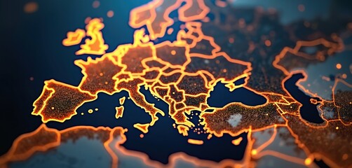 Poster - Digital map of Europe with glowing network connections. Modern tech illustration highlights Middle East region. Communication, business exchange, global internet connections, technology concept.