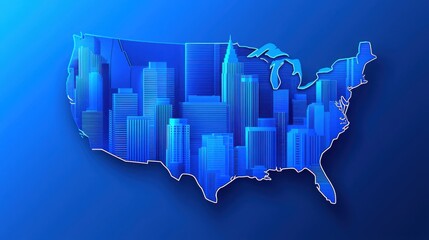 Poster - Detailed map of the united states in blue featuring city names labeled clearly on a clean background design