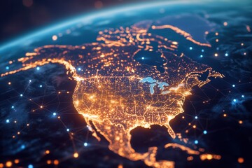 Poster - Futuristic North America illuminated by advanced technology and extensive networks at night, Futuristic North America technologically advances into the future